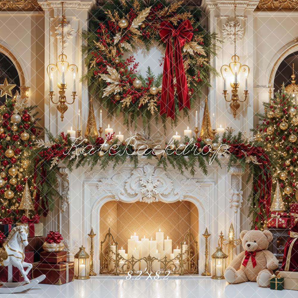 Kate Christmas Fireplace Luxury Trees Wreath Gifts Printed Backdrop Designed by Mini MakeBelieve