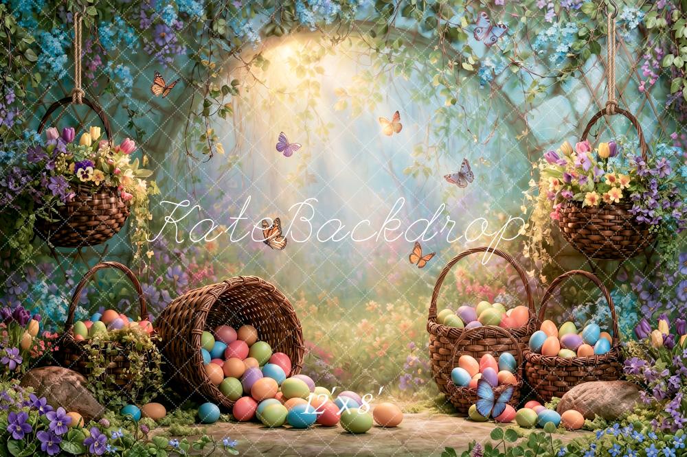 Kate Easter Fairy Forest Egg Basket Butterfly Floral Arch Printed Backdrop Designed by Angela Miller