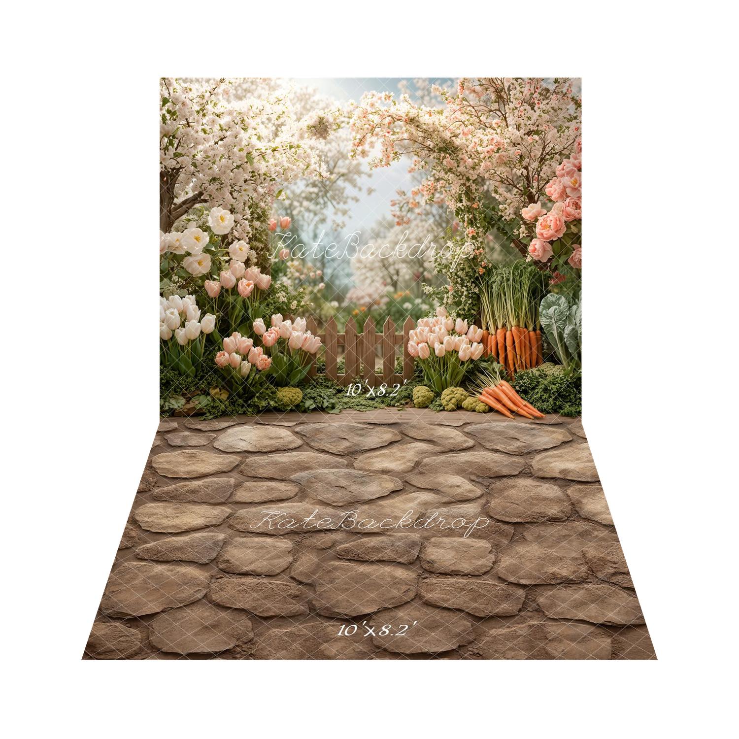 Kate Spring Easter Flower Arch Garden Fence Printed Backdrop+Brown Cobblestone Floor Printed Backdrop