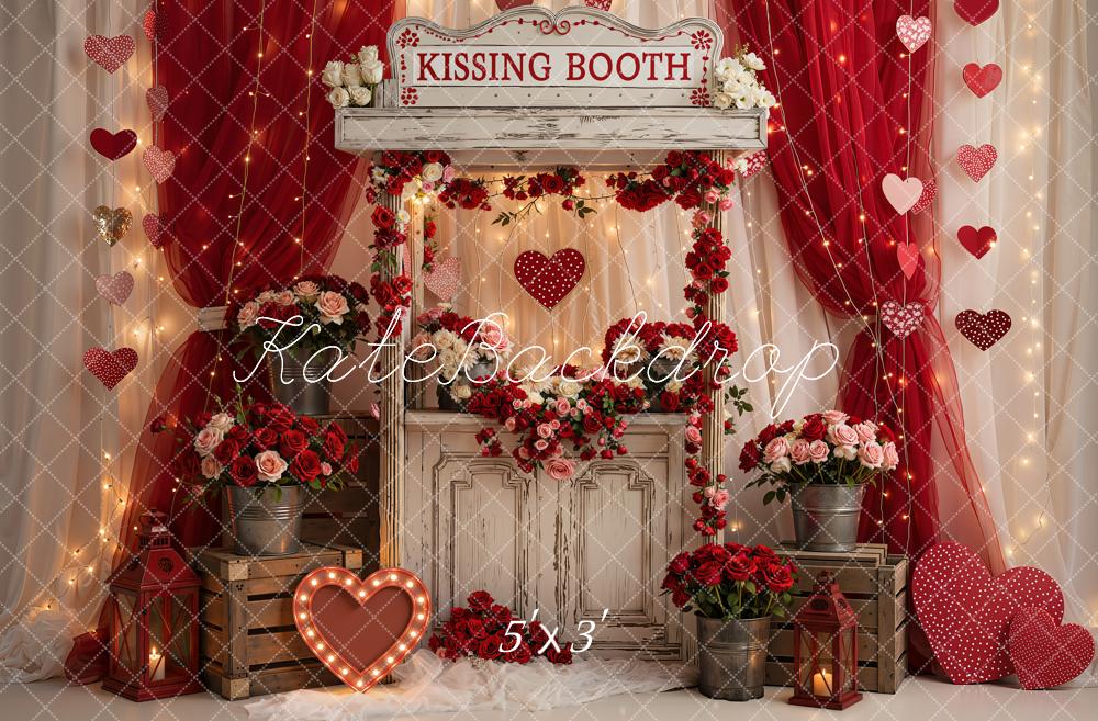 Kate Valentine's Day Red Kissing Booth Curtains Hearts Roses Printed Backdrop Designed by Emetselch