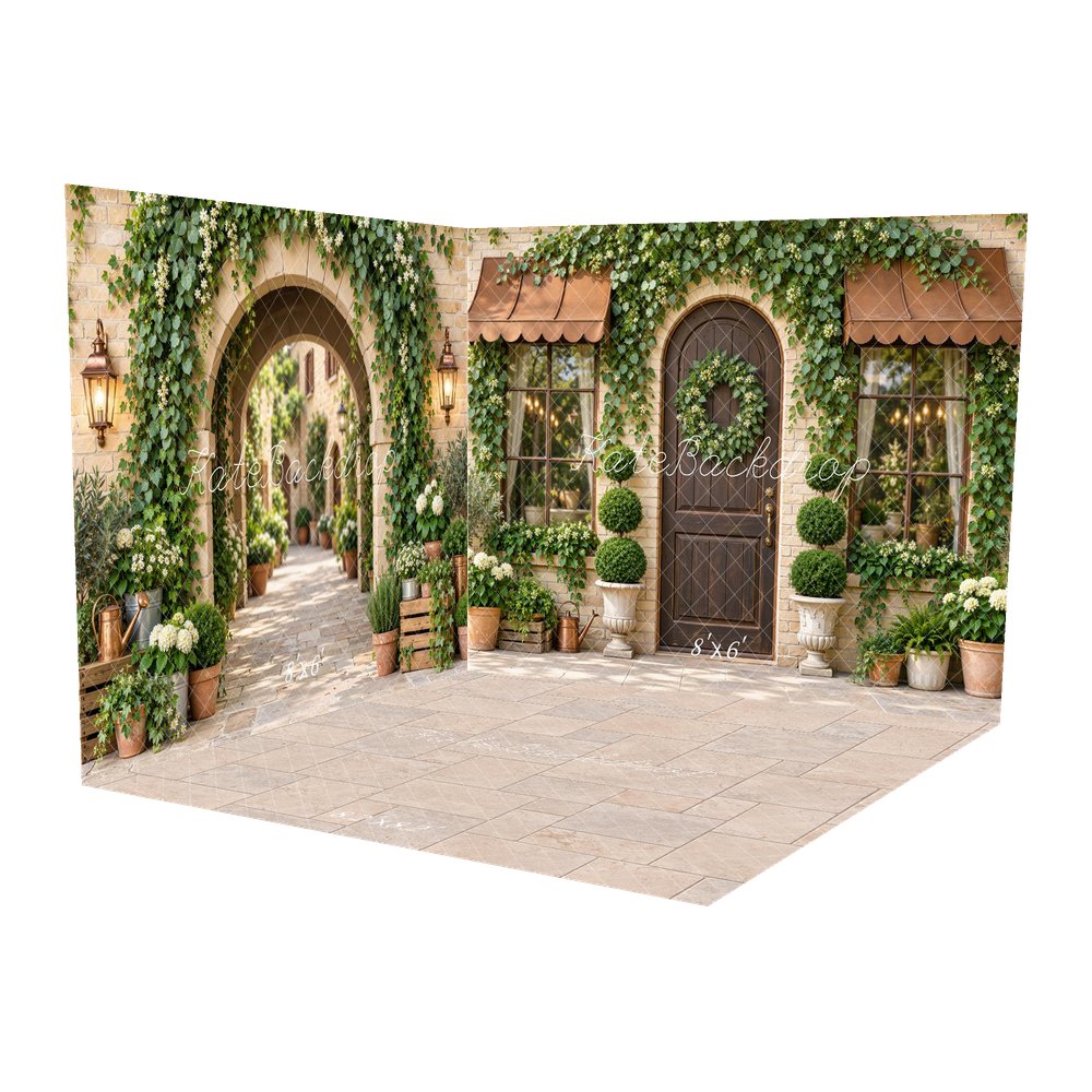 Kate Spring Ivy Garden Arch Doorway Brick Wall Botanical Printed Backdrop Room Set