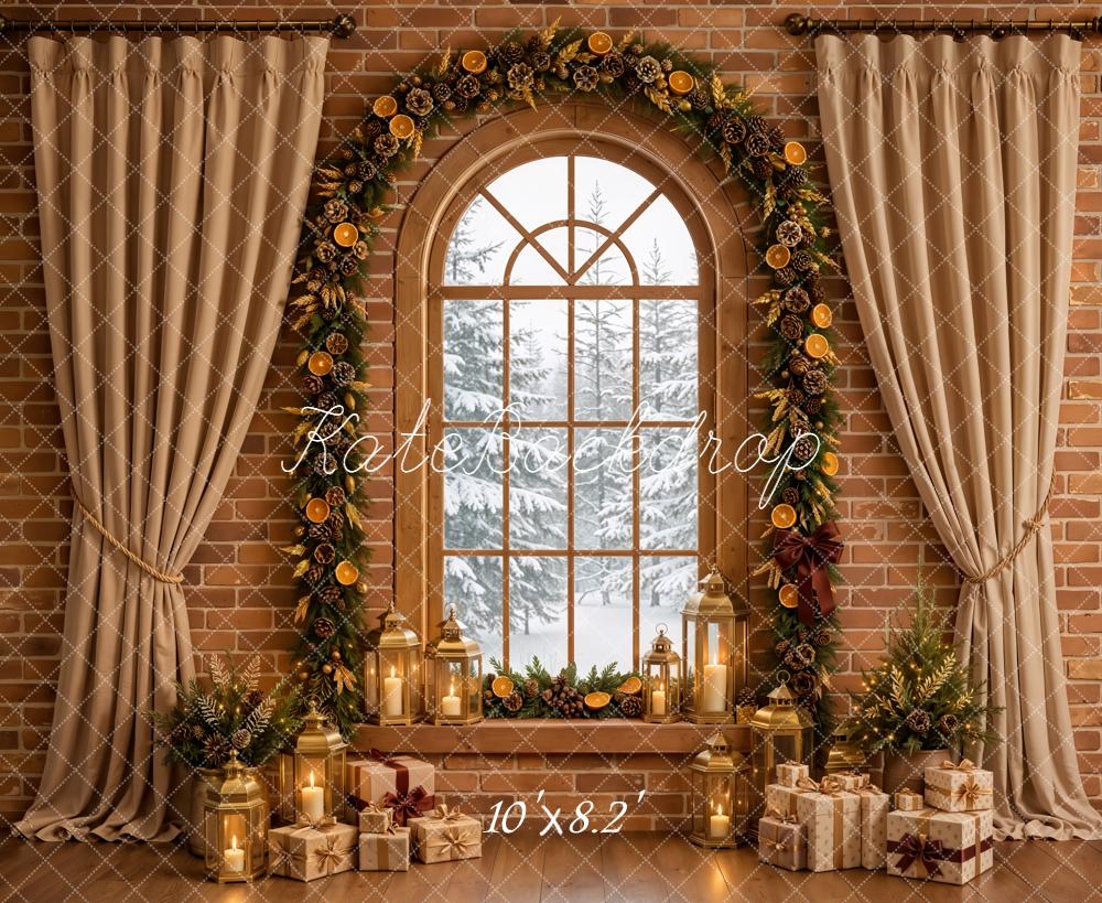 Kate Christmas Arched Window Curtains Garland Lanterns Gifts Brick Wall Printed Backdrop Designed by Emetselch