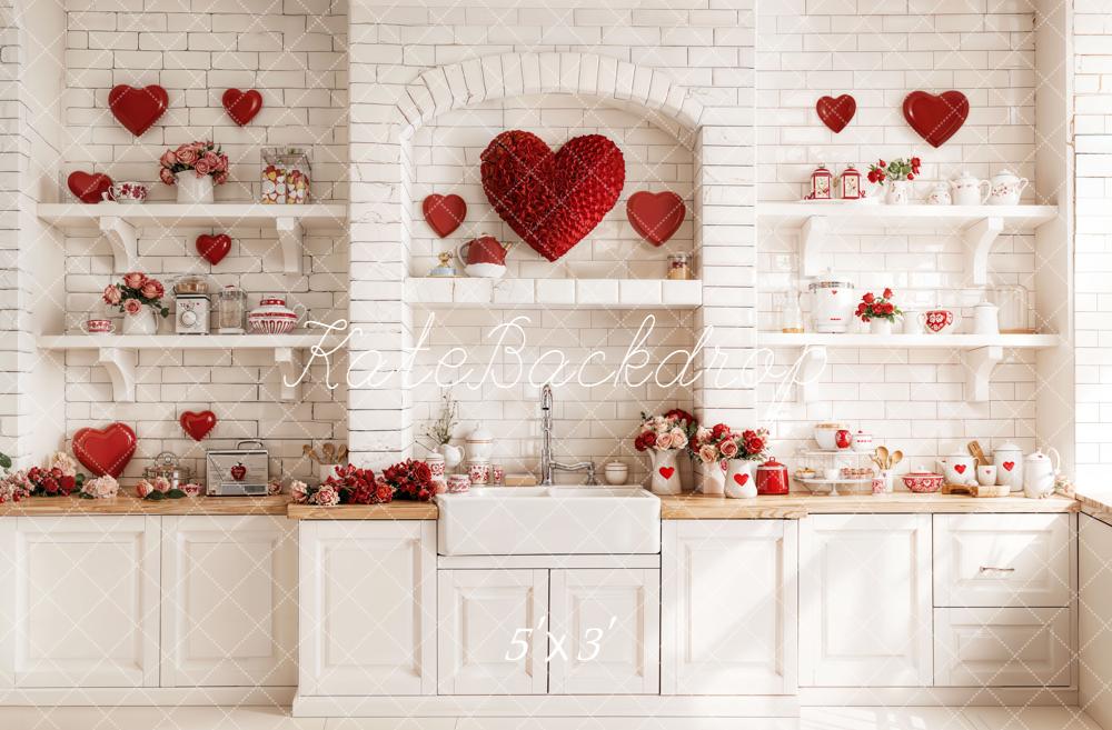 Kate Valentine's Day Red Heart Kitchen White Shelves Roses Backdrop Designed by Emetselch