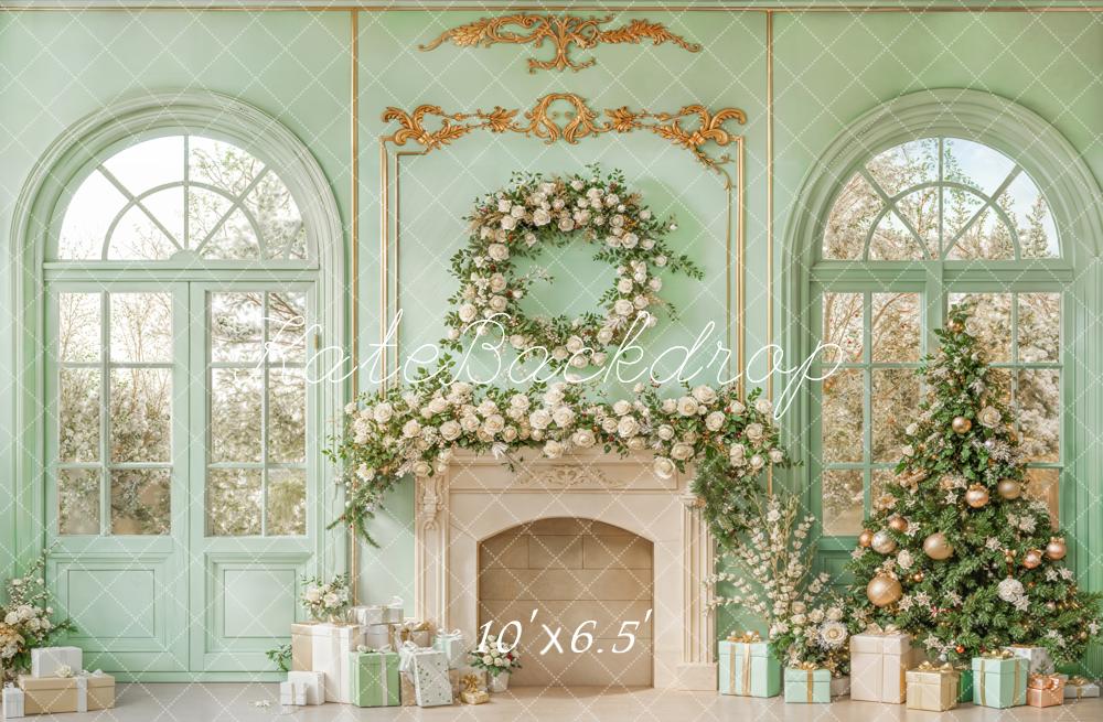 Kate Christmas Tree Floral Fireplace Green Window Backdrop Designed by Emetselch