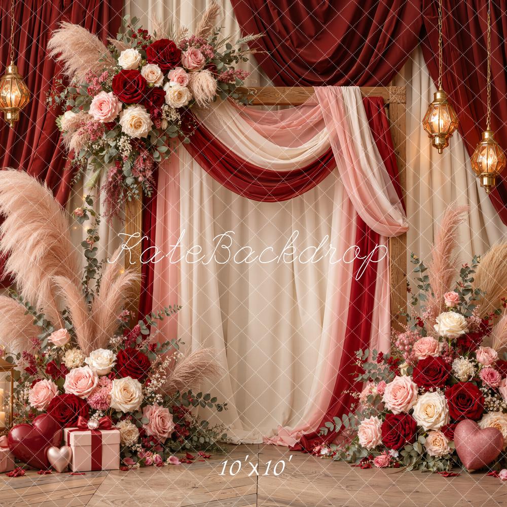 Kate Valentine's Day Boho Red Drapery Floral Lanterns Printed Backdrop Designed by Emetselch