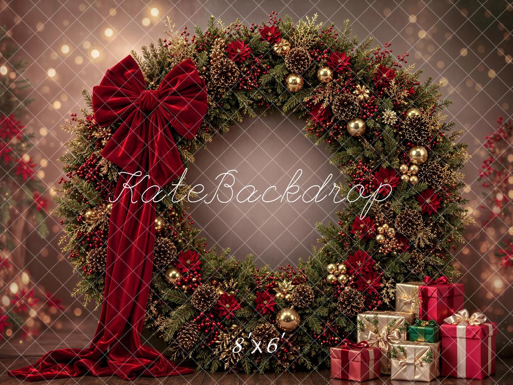 Kate Christmas Large Wreath Red Bow Presents Printed Backdrop Designed by Emetselch