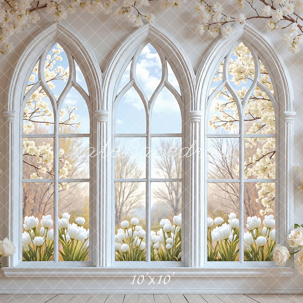 Kate Spring Floral Arch Window White Blossoms Printed Backdrop Designed by Mini MakeBelieve
