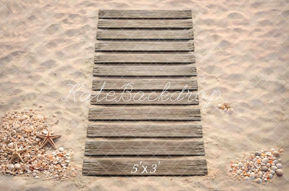 Kate Beach Boardwalk Sand Seashells Starfish Floor Printed Backdrop Designed by Mini MakeBelieve
