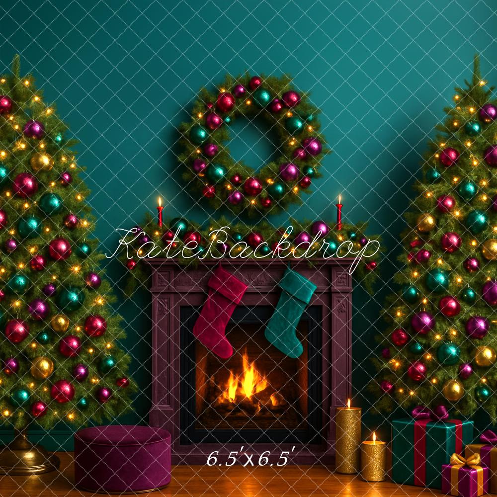 Kate Christmas Tree Fireplace Wreath Green Backdrop Designed by Megan Leigh Photography