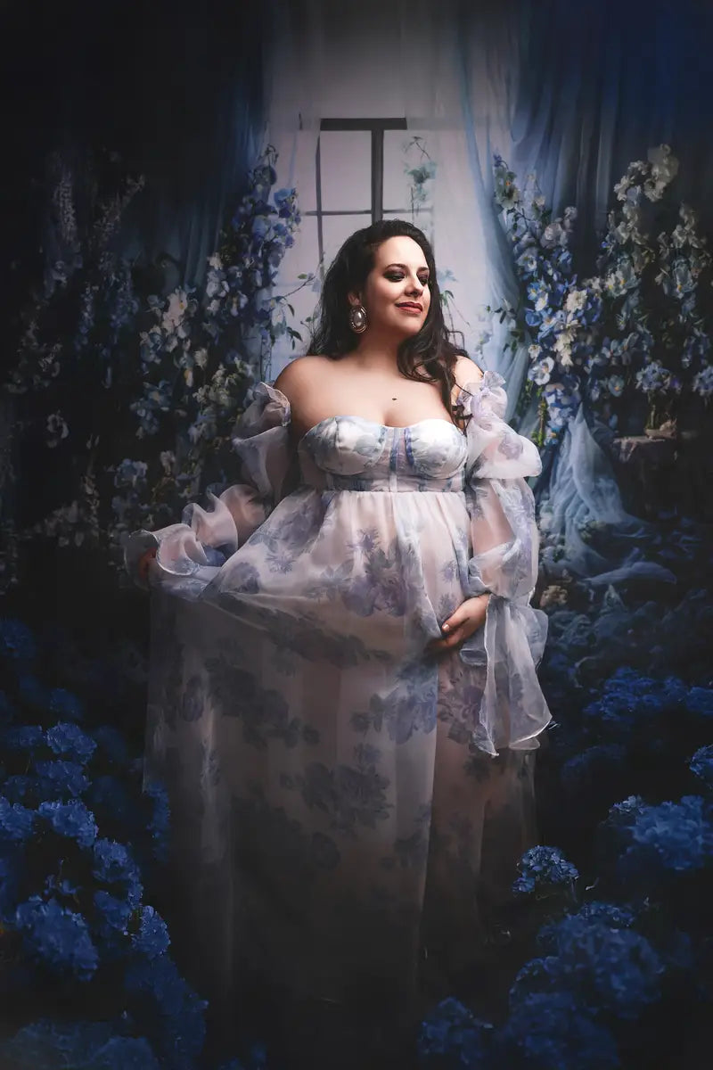 Kate Blue Floral Curtain Window Vintage Room Backdrop Designed by Emetselch