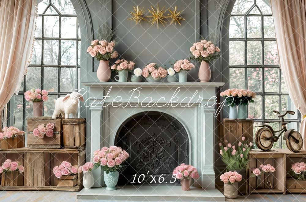 Kate Spring Floral Fireplace Window Backdrop Designed by Mini MakeBelieve