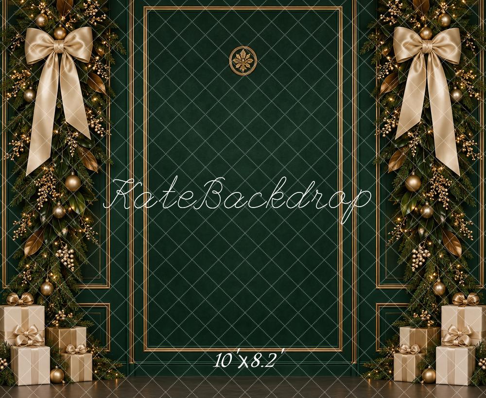Kate Christmas Green Gold Garland Bows Gifts Printed Backdrop Designed by Vertigo Productions