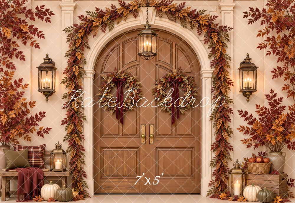 Kate Fall Arched Door Pumpkin Garland Lanterns Printed Backdrop Designed by Emetselch