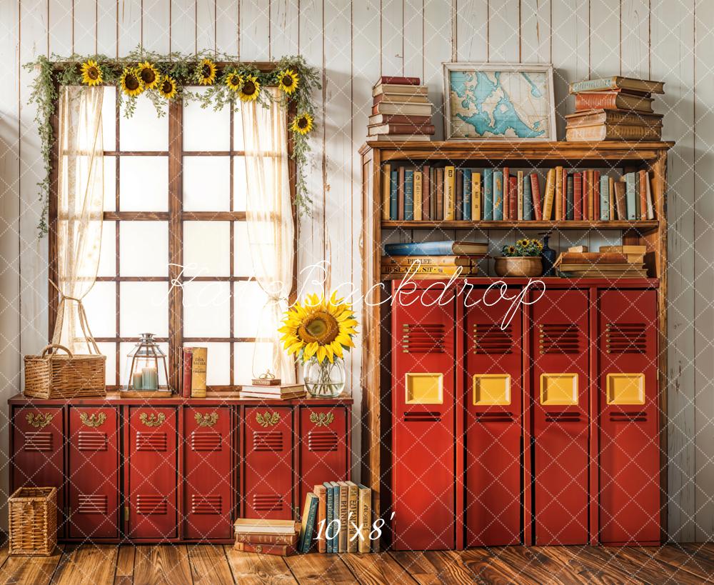 Kate Back To School Sunflower Curtain Window Vintage Library Lockers Backdrop Designed by Emetselch