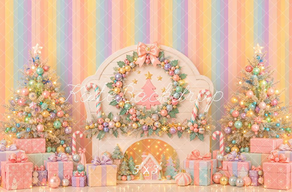 Kate Christmas Pastel Fireplace Christmas Tree Gifts Bow Printed Backdrop Designed by Emetselch