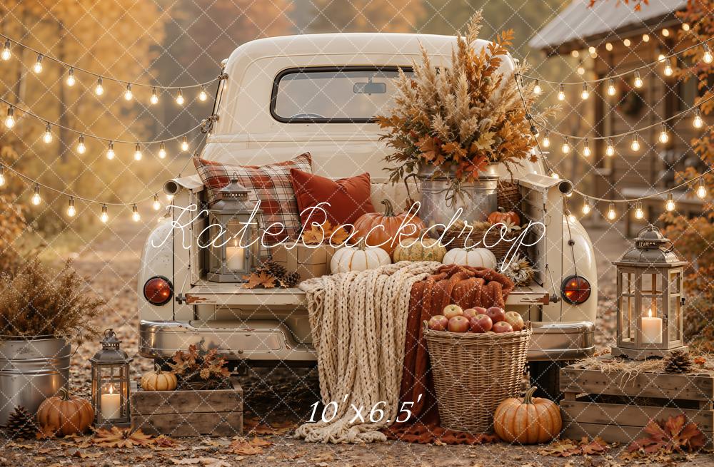 Kate Fall Vintage Truck Pumpkin Cozy Floral String Lights Printed Backdrop Designed by Emetselch