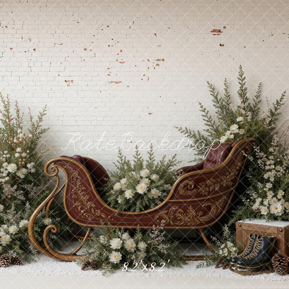 Kate Christmas Sleigh White Flowers Pine Greenery Brick Wall Printed Backdrop Designed by Ashley Ward