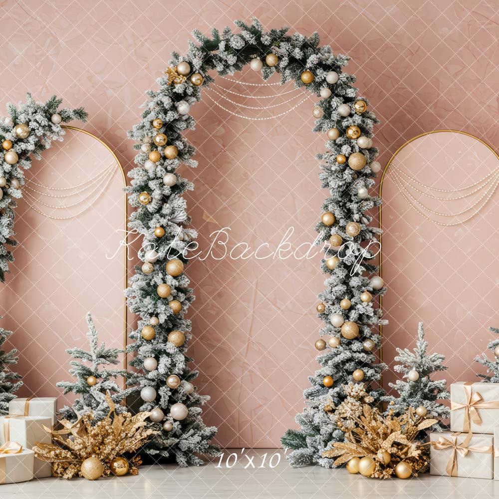 Kate Christmas Gold Arch Snowy Trees Backdrop Designed by Patty Roberts