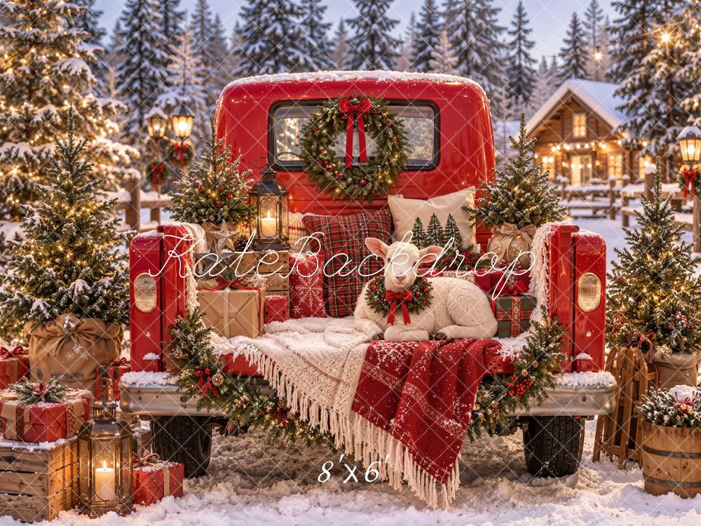 Kate Christmas Red Truck Sheep Gifts Snowy Trees Cabin Printed Backdrop Designed by Emetselch