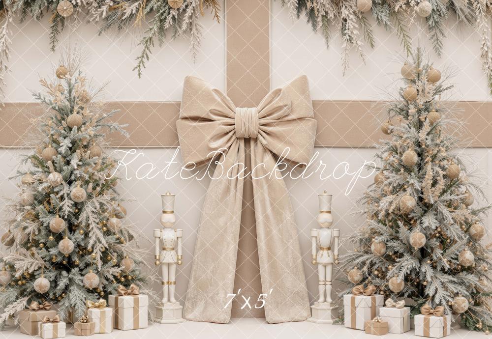 Kate Christmas Beige Bow Nutcracker Trees Printed Backdrop Designed by Mini MakeBelieve