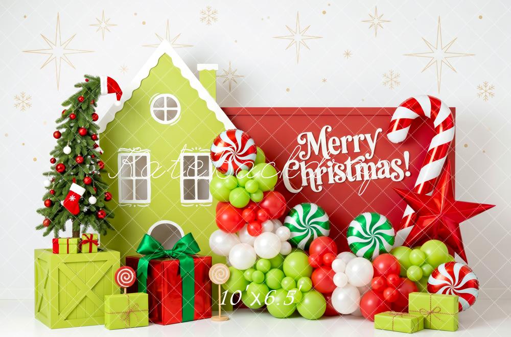 Kate Christmas Whimstical Candy House Green Red Balloons Tree Presents Printed Backdrop Designed by Patty Roberts