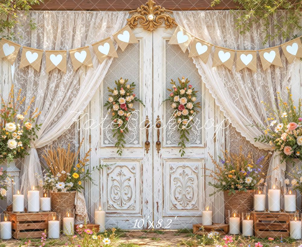 Kate Spring Vintage French Doors Floral Lace Hearts Printed Backdrop Designed by Mini MakeBelieve