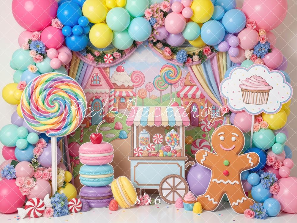 Kate Christmas Sweets Candyland Gingerbread Balloon Lollipop Macaron Printed Backdrop Designed by Mini MakeBelieve
