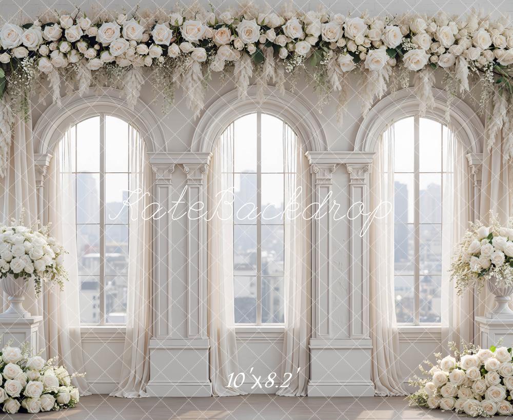 Kate White Flower Arch Windows Columns Printed Backdrop Designed by Mini MakeBelieve