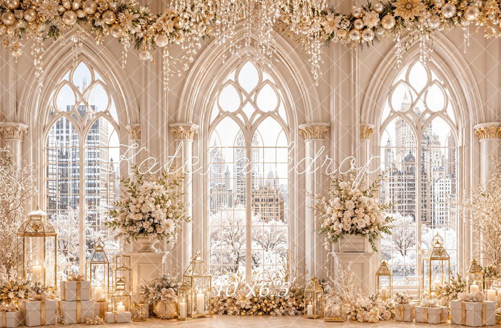 Kate Christmas Luxury White Floral Arched Windows Winter Cityscape Printed Backdrop Designed by Emetselch