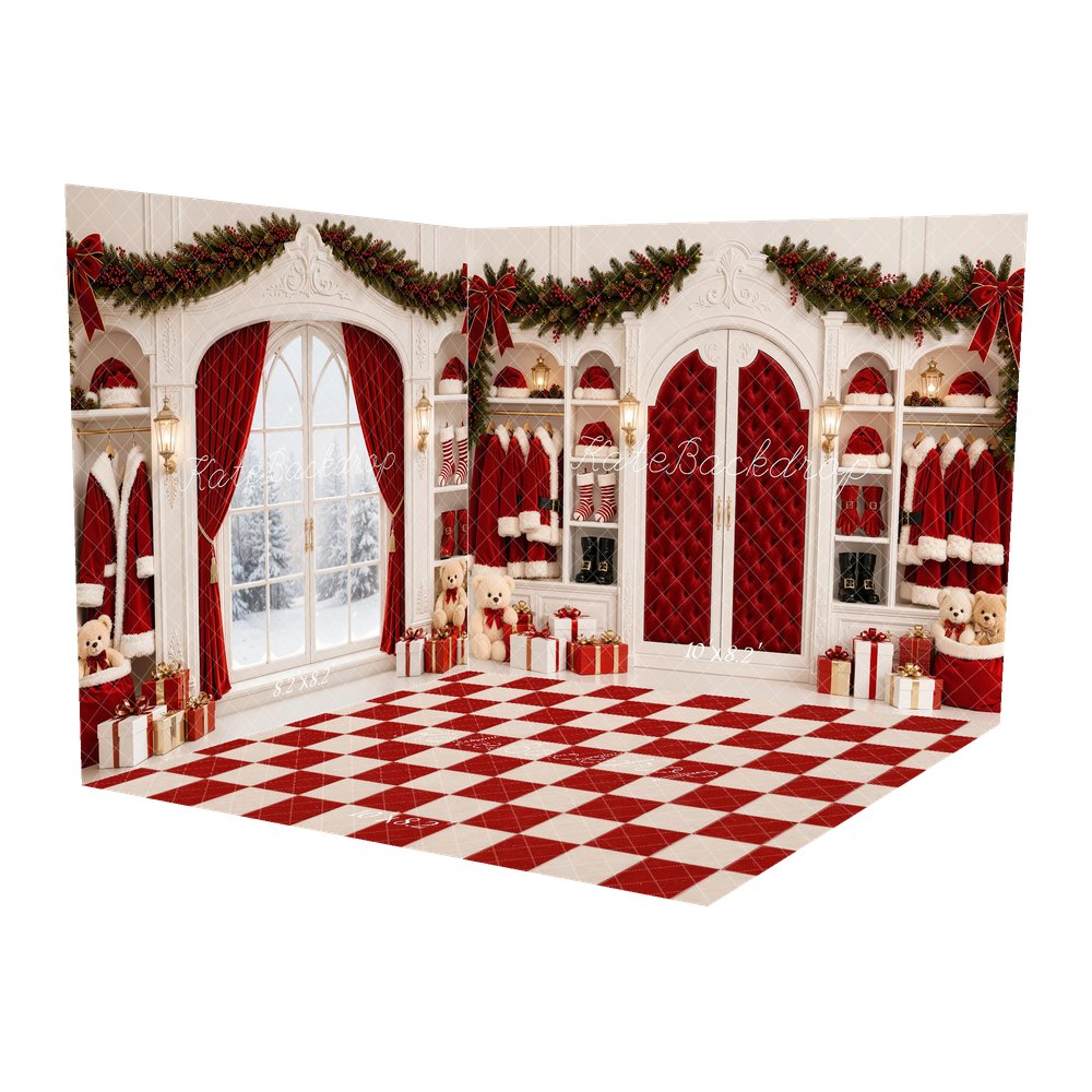 Kate Christmas Red Santa Closet Garland Gifts Window Printed Backdrop Room Set