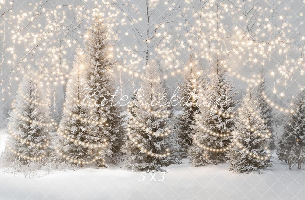 Kate Winter Snowy Pine Trees String Lights Backdrop Designed by Emetselch