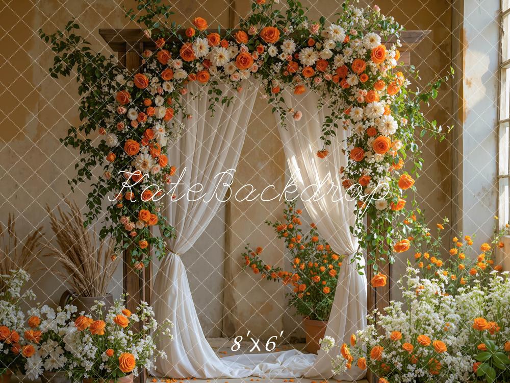 Kate Fall Flower Arch Orange White Roses Greenery Drapes Backdrop Designed by Mini MakeBelieve