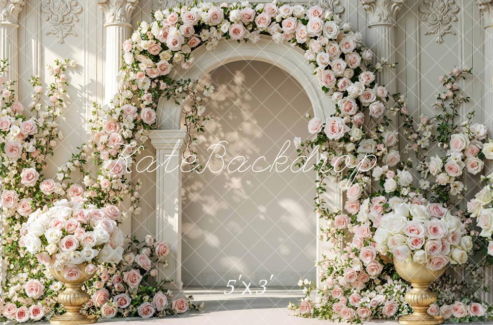 Kate Spring Flower Arch Pink White Roses Ornate Columns Printed Backdrop Designed by Mini MakeBelieve