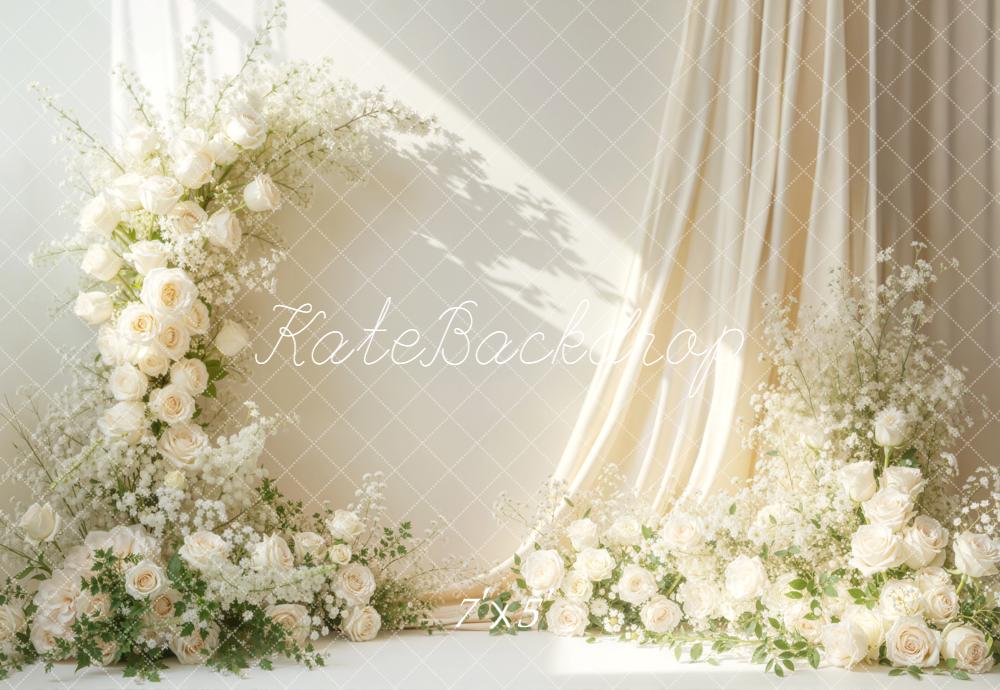 Kate Boho White Flower Arch Cream Roses Drapes Backdrop Designed by Emetselch