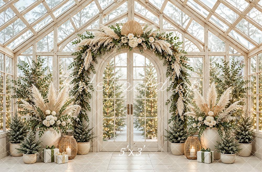 Kate Christmas Greenhouse Boho Floral Arch Evergreen Trees Printed Backdrop Designed by Emetselch
