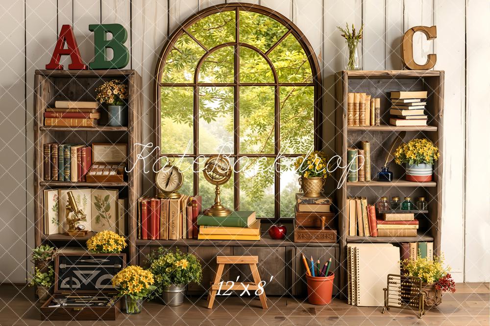 Kate Back to School Bookshelves Window Books Flowers Printed Backdrop Designed by Emetselch