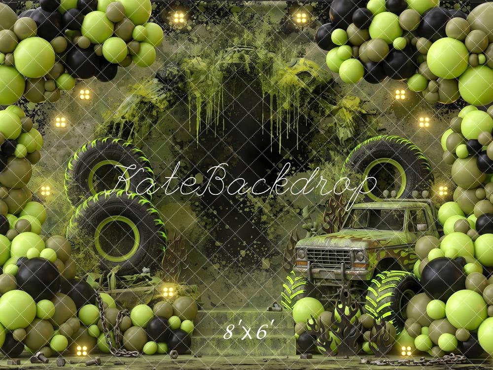 Kate Birthday Monster Truck Balloon Arch Green Black Printed Backdrop Designed by Angela Miller