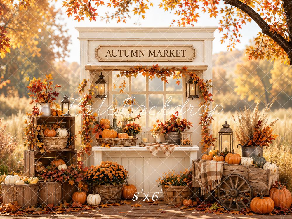 Kate Fall Market Pumpkins Crates Wagon Lanterns Leaves Forest Printed Backdrop Designed by Emetselch