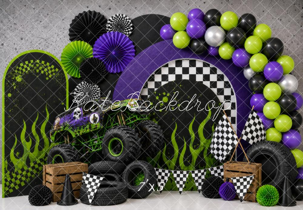 Kate Cake Smash Monster Truck Checkered Pattern Green Flames Balloons Printed Backdrop Designed by Shutter Swan Studios