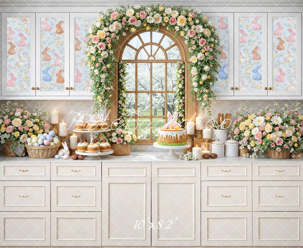 Kate Easter Bunny Kitchen Floral Arch Printed Backdrop Designed by Mini MakeBelieve