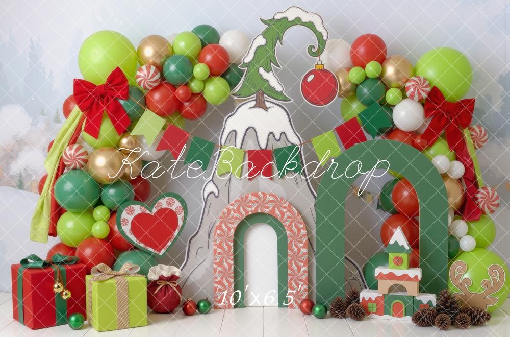 Kate Christmas Cake Smash Whoville Balloon Arch Candy Cane Gifts Green Red Printed Backdrop Designed by Mini MakeBelieve