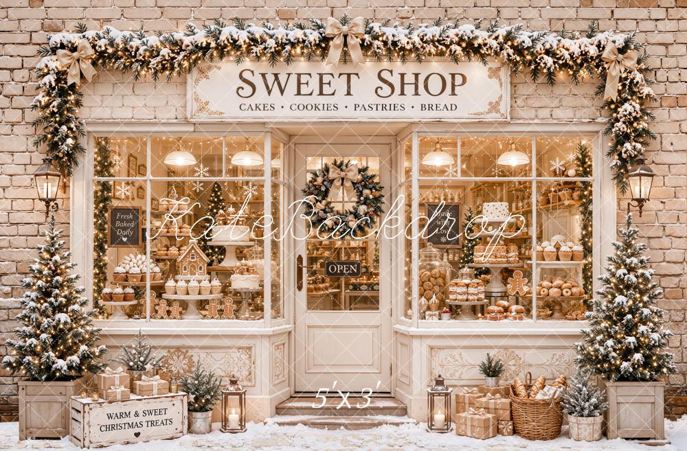 Kate Christmas Sweet Shop Bakery Gingerbread Snow Brick Wall Garland Printed Backdrop Designed by Emetselch