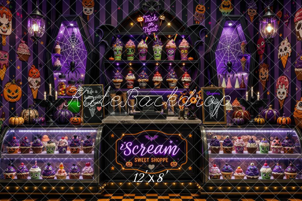 Kate Halloween Ice Cream Purple Shoppe Cupcakes Display Cabinet Printed Backdrop Designed by Mini MakeBelieve