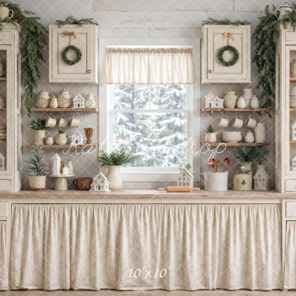 Kate Christmas Farmhouse Kitchen Cabinet Shelf White Printed Backdrop Designed by Mini MakeBelieve