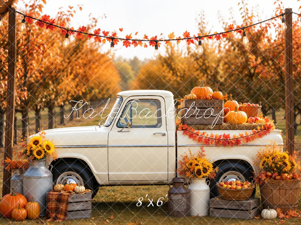 Kate Fall White Truck Pumpkins Sunflowers Maple Forest Printed Backdrop Designed by Emetselch