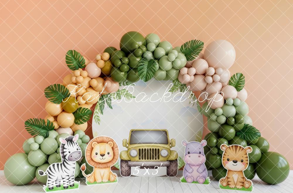 Kate Cake Smash Jungle Balloon Arch Jeep Safari Animals Printed Backdrop Designed by Patty Roberts