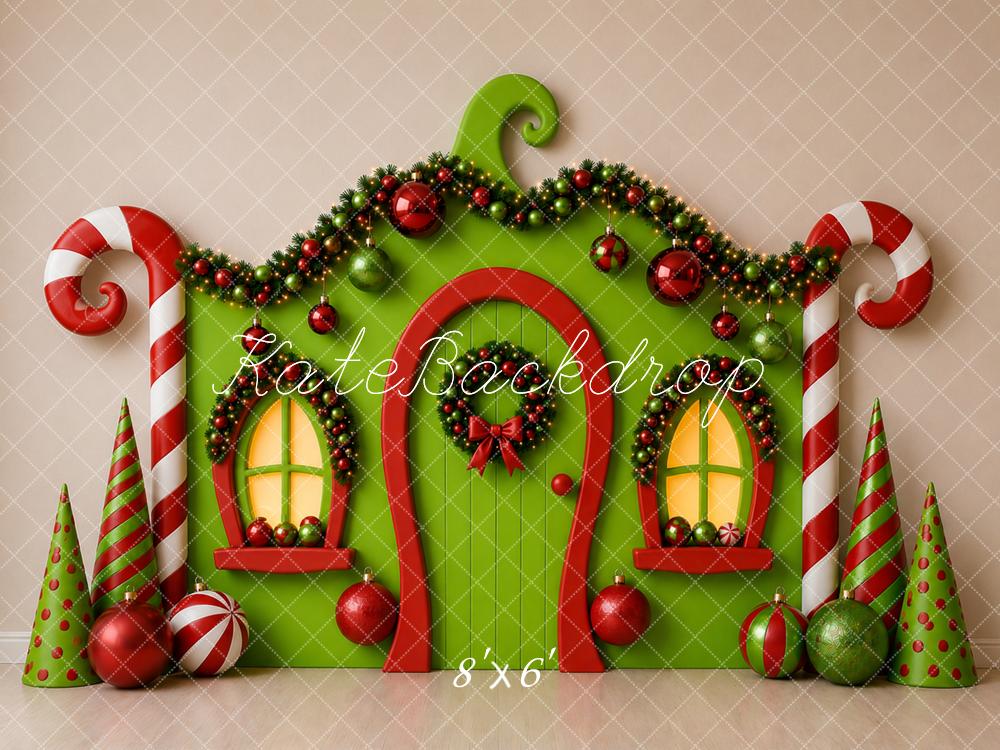 Kate Christmas Whimsical Green Elf House Candy Cane Printed Backdrop Designed by Caitlin Lynch