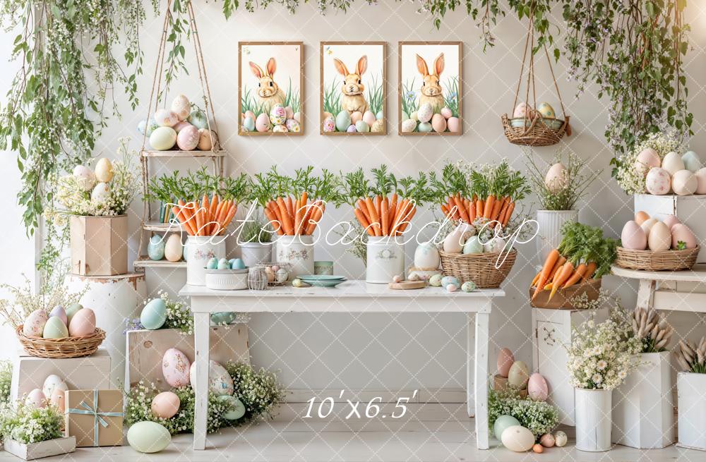 Kate Easter Bunny Carrots Pastel Eggs Floral Greenery Backdrop Designed by Emetselch