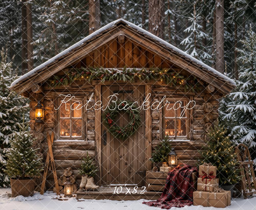 Kate Christmas Rustic Wood Cabin Snowy Plaid Blanket Forest Printed Backdrop Designed by Emetselch