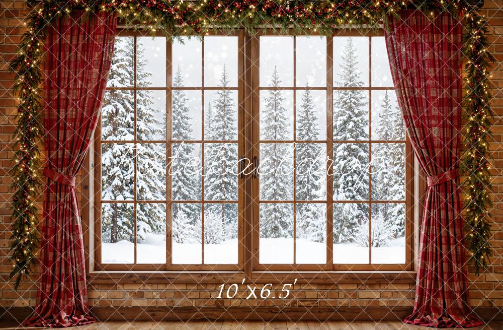 Kate Christmas Window Red Curtains Garland Snowy Trees Printed Backdrop Designed by Emetselch